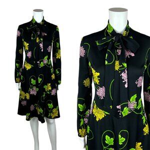 Vintage 70s Mini Dress Women's Medium Black Dark Floral Ascot Necktie Long Sleev